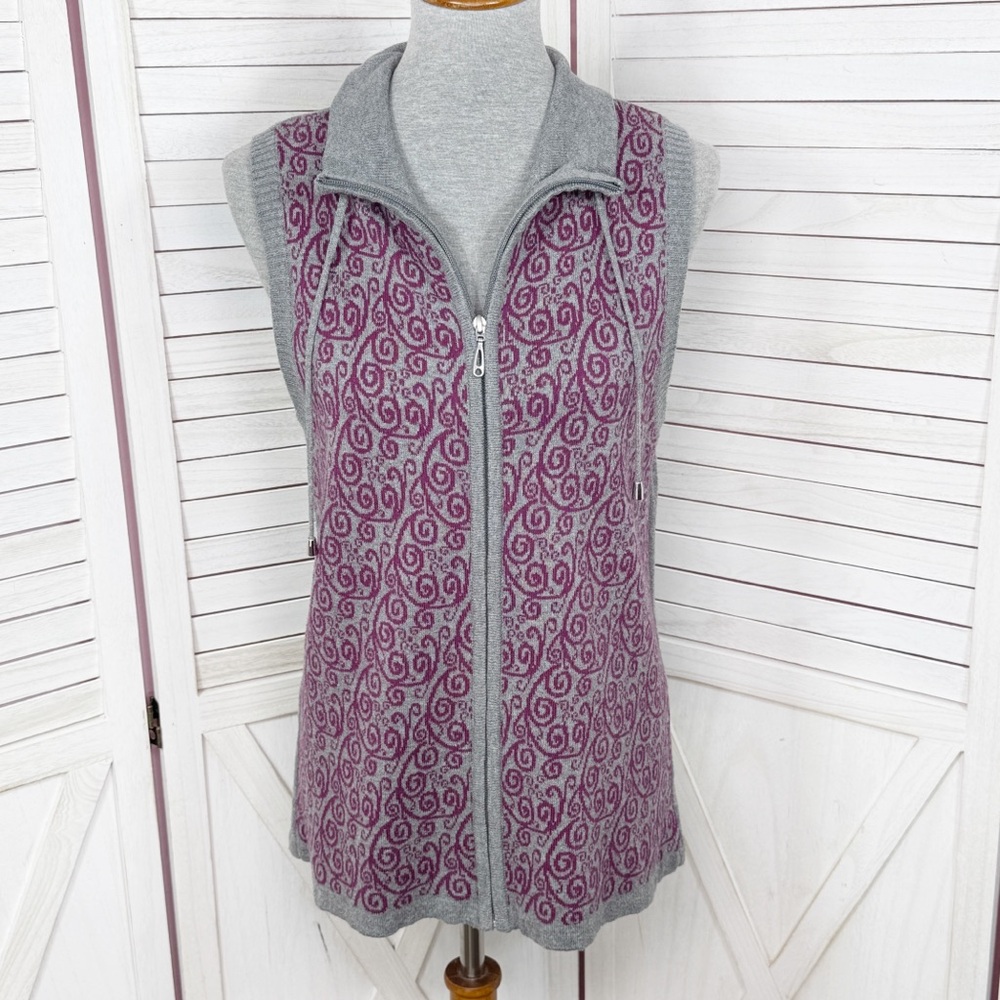 Christopher &‎ Banks Filigree Swirl Print Zip Up Sweater Vest Grey Purple Medium